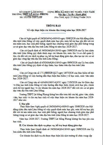 THÔNG BÁO CÁC KHOẢN THU NĂM HỌC 2026-2027